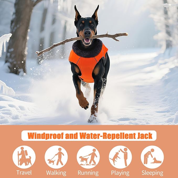 DENTRUN Winter Warm Dog Coat Reflective Jacket with Turtleneck for Cold Weather, Adjustable Buckle Windproof Water Repellent, Thick Snowsuit Fleece Vest for Small, Medium, Large Dogs, Orange, XXL