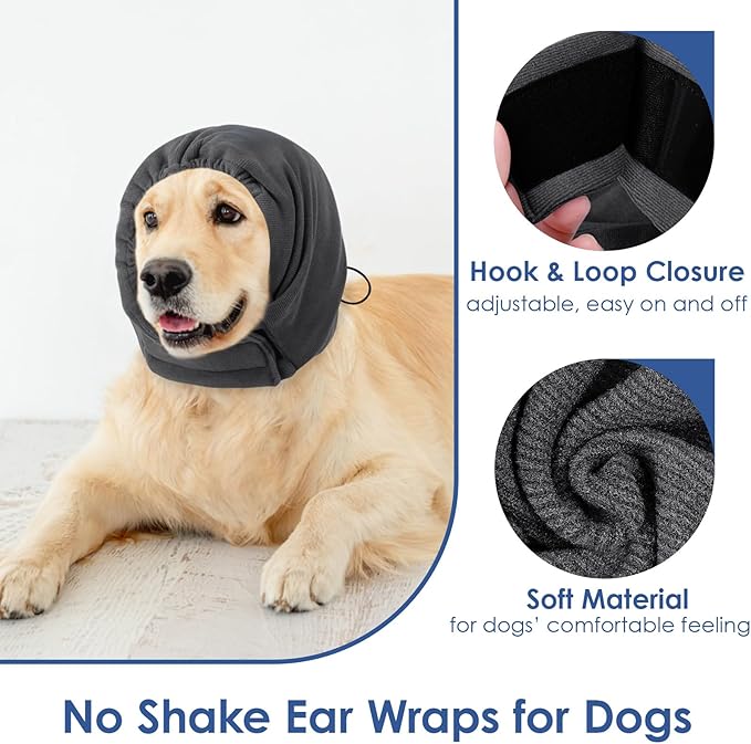 AOFITEE Dog Calming Hoodie - Anti-Slip Dog Ear Muffs Cover for Noise Anxiety, No Shake Ear Wrap for Dogs Hematoma, Adjustable Dogs Headband for Grooming, Fireworks, Thunderstorms, Grey S