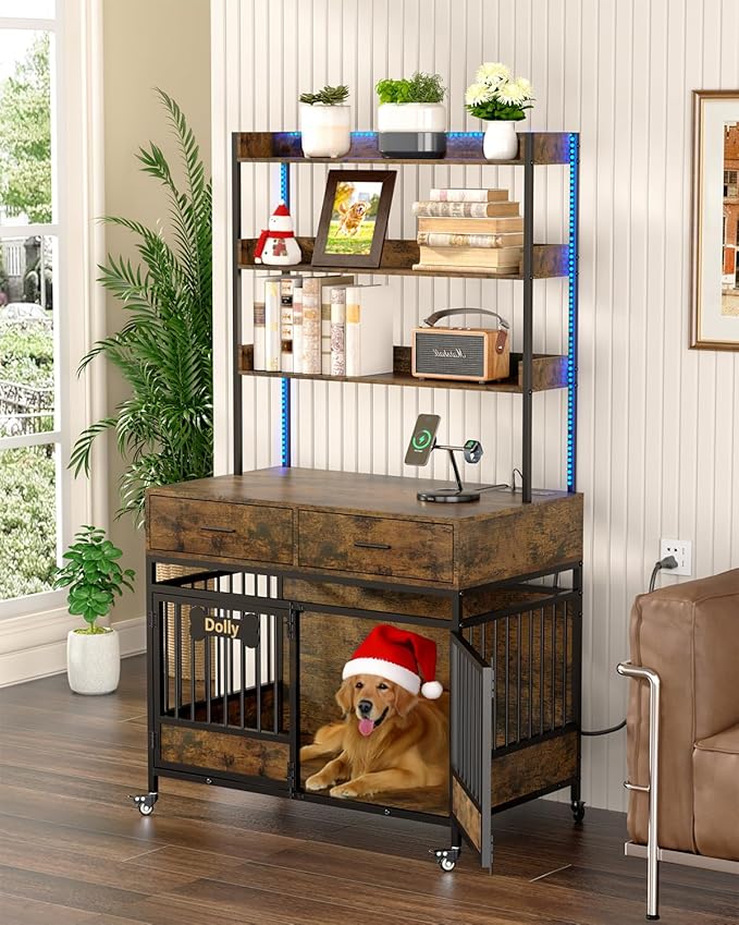 Petrova 72" Tall Dog Crate Furniture with Storage Shelves, 39" Heavy Duty Wooden Dog Kennel Indoor for Medium Dogs, Decorative Dog Cage with Charging Station, LED Light, 2 Drawers, Wheels