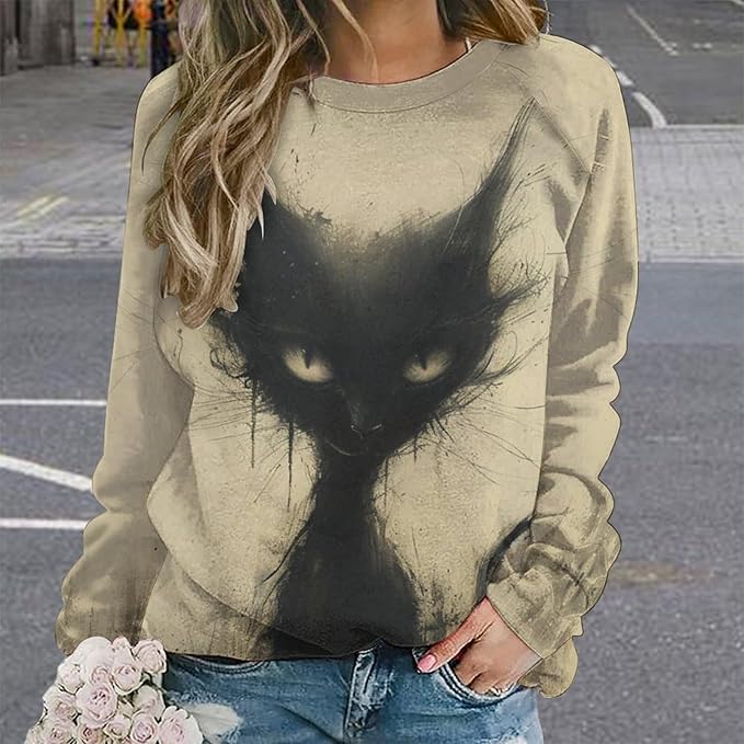 Biacolum Long Sleeve Shirts for Women Mid Century Retro Style Atomic Cat 3D Graphic Sweatshirts Fall Crewneck Pullover Top