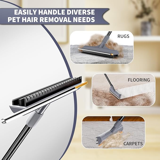 Carpet Rake for Pet Hair Removal - 3 in 1 Reusable Pet Hair Remover Tool with 58" Adjustable Long Handle,Dog & Cat Carpet Scraper,Pet Hair Remover for Rugs,Mats,Couch,Curtains(Gray)
