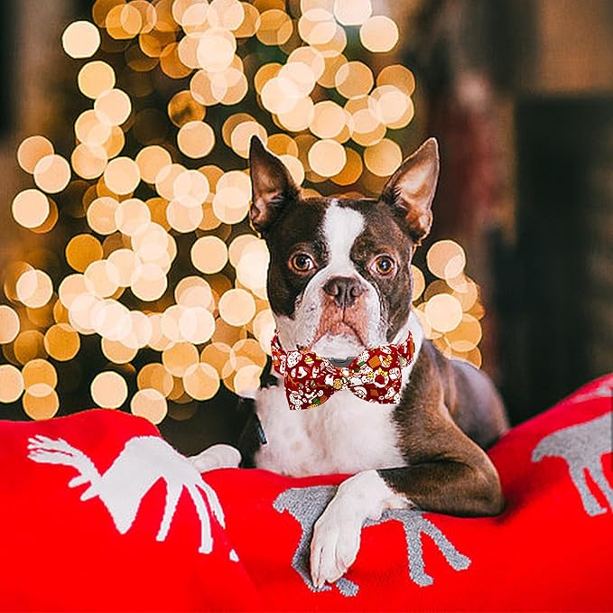 Lionheart glory Dog Bow Collar Red Christmas Santa Deer Print Dog Collar for X-Small Dogs Adjustable Soft Sturdy Girl or Boy Collars with Bowtie Puppy Collar Bows
