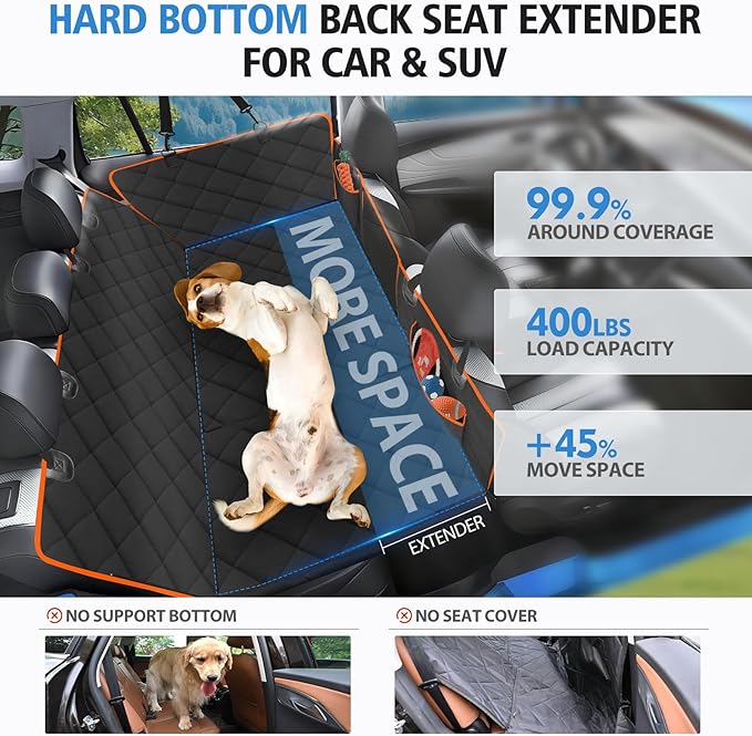 Back Seat Extender for Dogs-Mesh Window, Dog Car Seat Cover for Back Seat, 400lbs Capacity Hard Bottom, Waterproof Dog Hammock for Mid-Size Cars, SUVs, Black/Orange(52‘x24.8’)