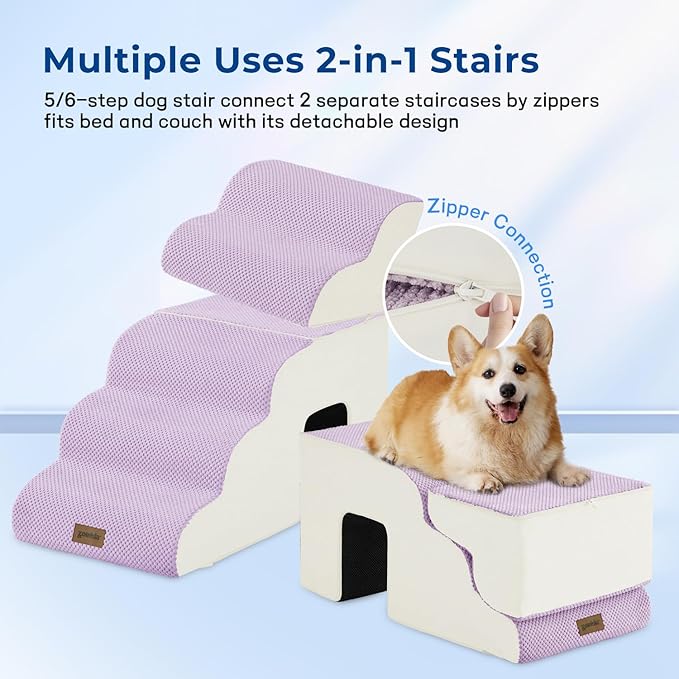 Dog Stairs for Large Dogs - 5 Steps 24" H Pet Ramps for High Bed 2 in 1 with Zippers Suitable for Cats, Indoor Cat Ladders with Non-Slip Bottom, Beige