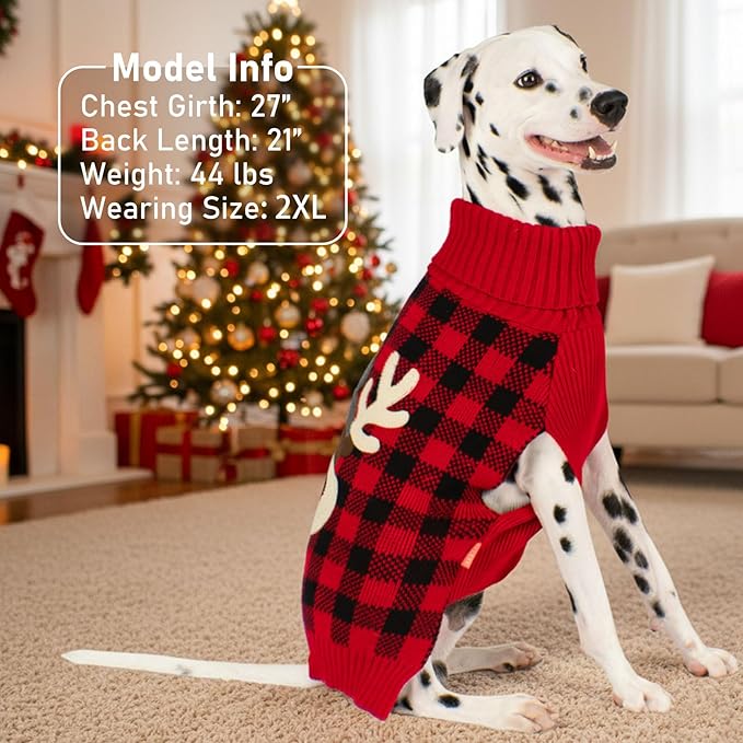 KYEESE Dog Christmas Sweater with Reindeer Pattern Cozy Winter Outfit Boy Girl Red Buffalo Plaid Knitwear Turtleneck Dog Sweater for Small Dogs with Leash Hole Soft Warm Pet Clothes, Small