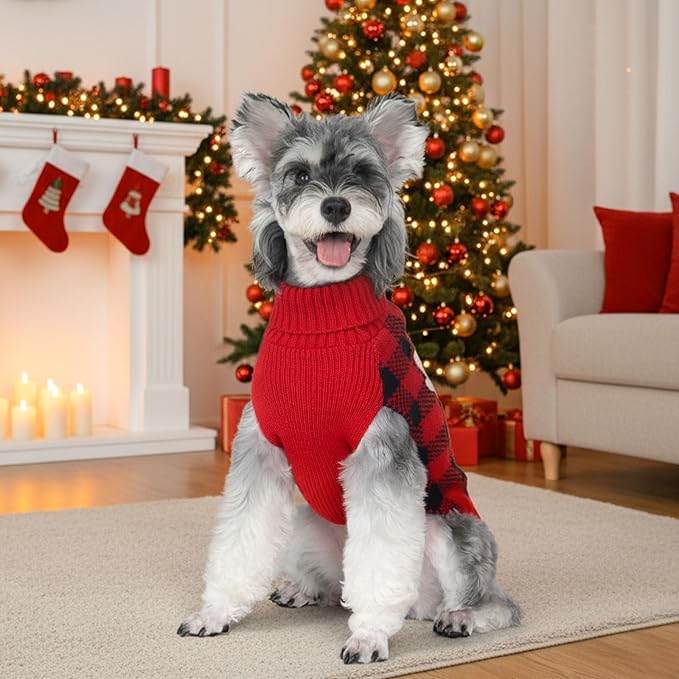KYEESE Dog Christmas Sweater with Snowman Design, Turtleneck Dog Sweater for Small Dogs, Red Buffalo Plaid Knitwear, Cozy Winter Holiday Outfit with Leash Hole, Warm Soft Pet Clothes, Medium