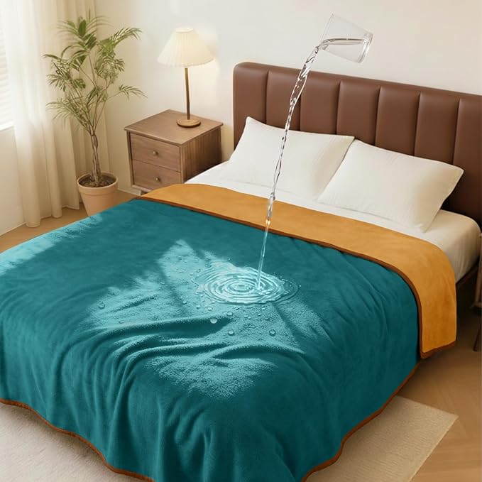 Luciphia 100% Waterproof Blanket for Adults or Medium Large Dogs, Soft Polar Fleece Pet Blankets for Bed Couch Protector Washable, Reversible Leakproof Furniture Protection,Teal Camel,65x57 inch