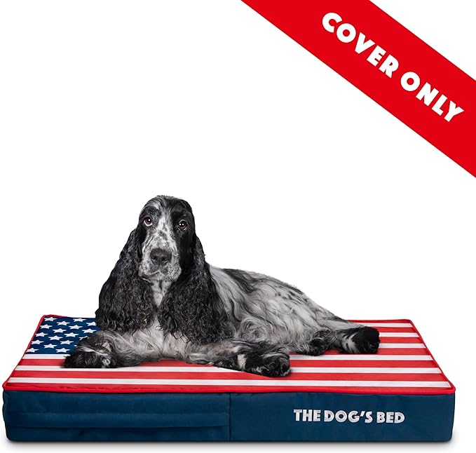 The Dog's Bed Replacement Outer Cover ONLY (NO Bed, NO Waterproof Inner) for The Dog's Bed, Washable Oxford Fabric, Medium 4 Inches (Blue with Red Piping USA Flag & Centre Flag)