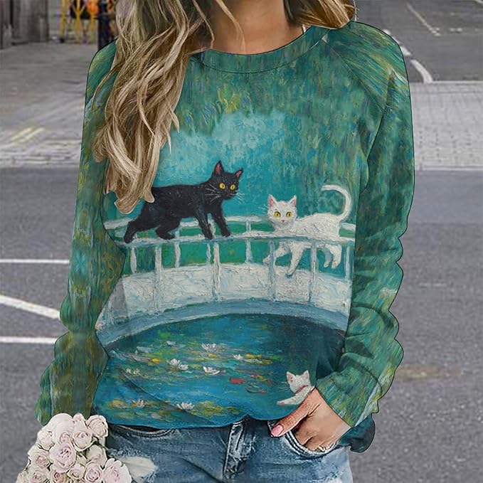 Womens novelty funny cat printed crewneck sweatshirt casual loose long sleeve graphic pullover sweatshirts tops