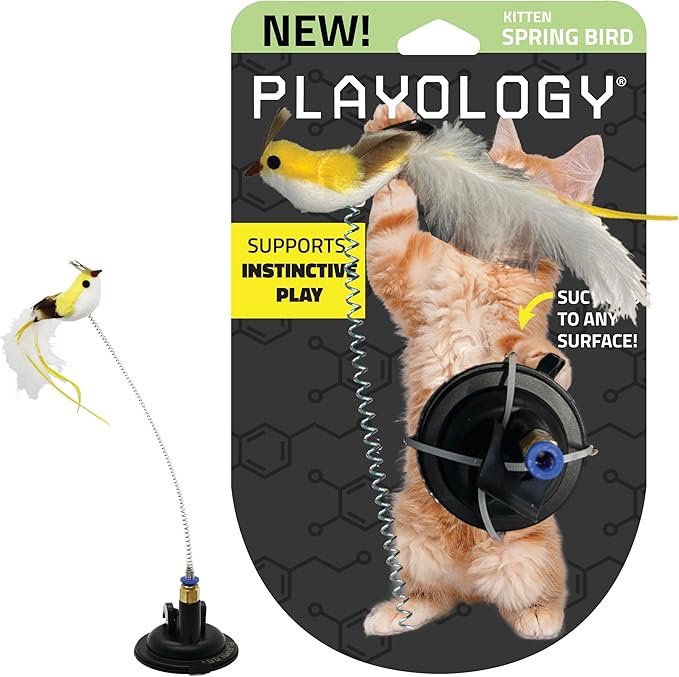 Playology Cat Toy Suction Cup Spring Bird | Interactive Toy with Lifelike Feather Bird | Secure Suction Cup with Unpredictable Movement | Perfect for Active Indoor Cats