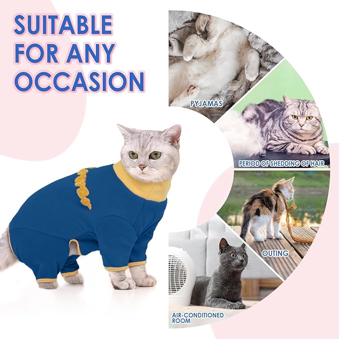 Cat Onesie to Prevent Hair Loss-Blue-2XL, Soft Pajamas for Long-Haired Cats Shedding Season,Outing Wear for Protecting The Skin,Keep Warm for Air-Conditioned Room Sleeping