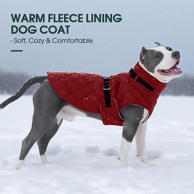 Kuoser Dog Coat Warm Fleece Lining Turtleneck Dog Jacket with Harness Built-in, Adjustable Windproof Cold Weather Coats with Quick Release Buckle Pet Winter Snowsuit for Small Medium Dogs, Red M