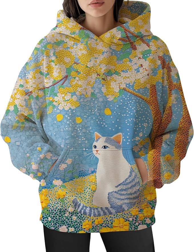 Womens Funny Cat Hoodies Oversized Graphic Hooded Sweatshirt for Women Fall Plus Size Pullover Hoodie Y2K