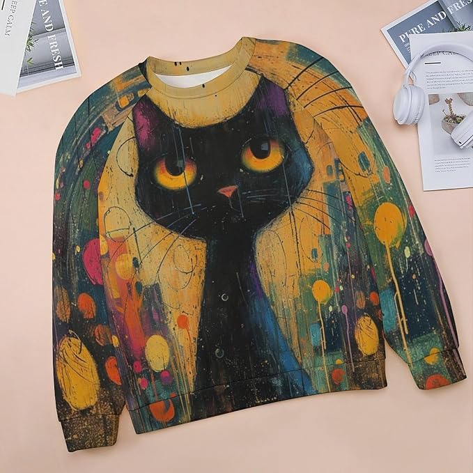 Biacolum Long Sleeve Shirts for Women Mid Century Retro Style Atomic Cat 3D Graphic Sweatshirts Fall Crewneck Pullover Top