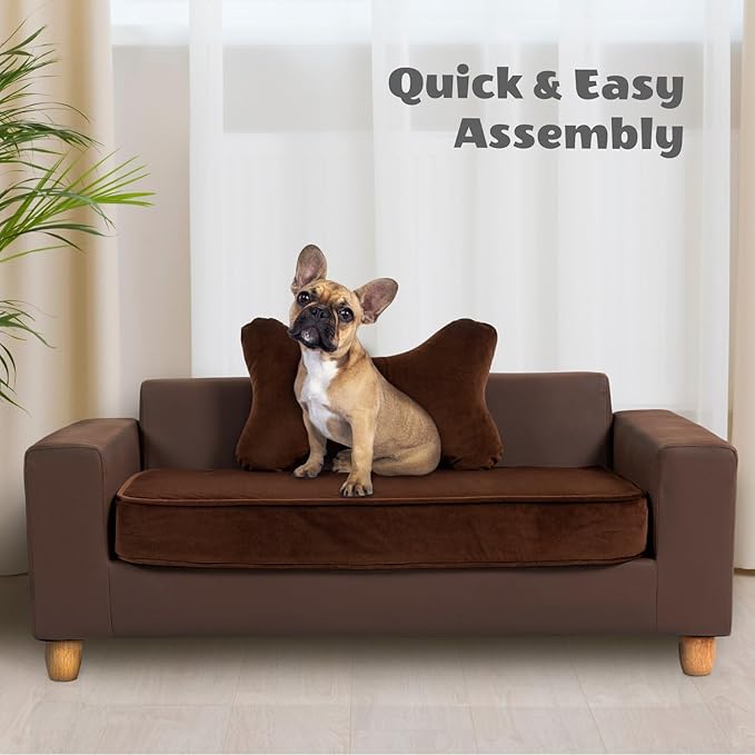 CRITTER SITTERS 43” Faux Leather Ped Bed in Brown, Durable Washable Sofa Couch for Large Cats & Dogs, Must Have Essential Furniture Accessory for Kittens & Puppies