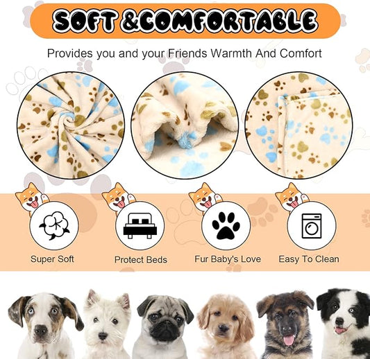 Rezutan Dog Blanket for Large Dogs, Upgraded 3 Pack Dog Cat Flannel Blankets Washable, Soft Pet Mat Throw Cover Suitable for Kennel Crate Bed, Cute Paw Pattern, Beige, 31" x 41"