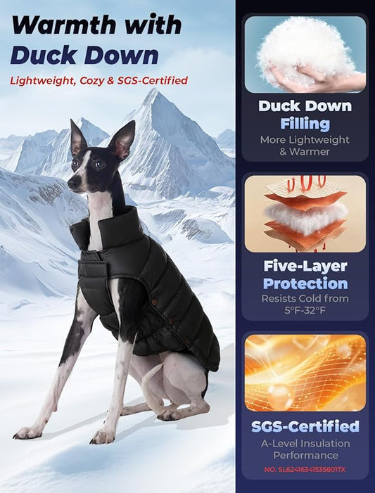 SPACE LION Dog Puffer Jacket, Down Winter Coat, Durable Outdoor Coat for Cold and Windy Conditions, Lightweight & Adjustable Fit Coats for Large Dogs,(Black, Size22/XL+)