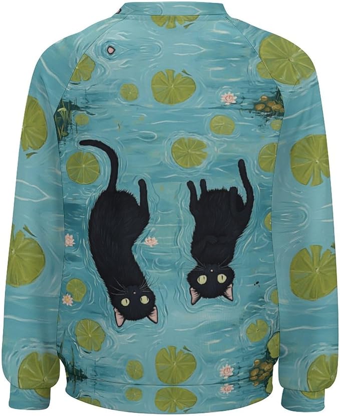 Womens novelty funny cat printed crewneck sweatshirt casual loose long sleeve graphic pullover sweatshirts tops