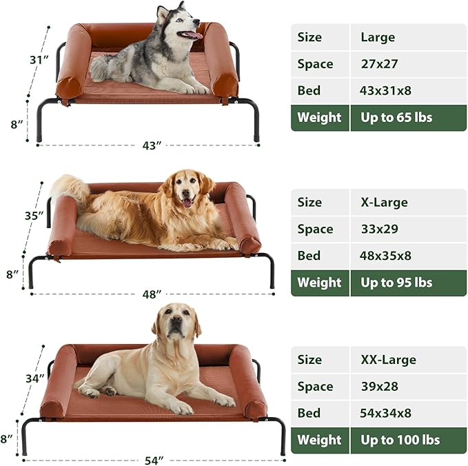Cooling Elevated Dog Bed for Large Dogs – Waterproof Raised Dog Cot with Slope Headrest, Breathable Teslin Mesh, Durable & Portable Pet Bed for Indoor and Outdoor Use, Caramel