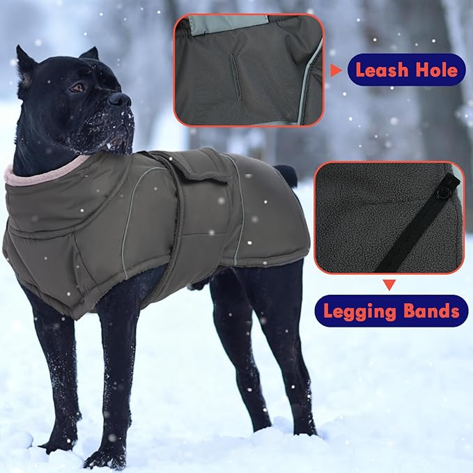 Waterproof Warm Dog Coat Winter Dog Jacket | Windproof Cold Weather Coats with Collar Drawstring, Reflective Thick Fleece Vest Suitable for Walking Dogs at Night, Grey, L