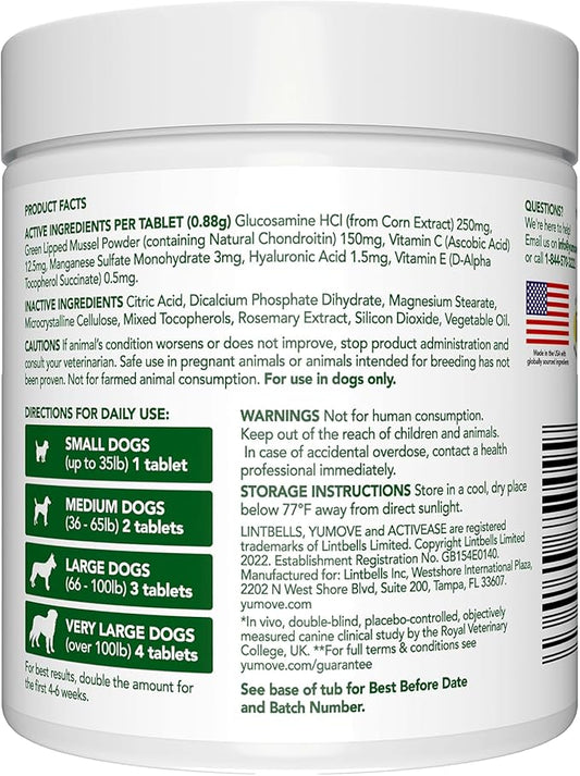 Yumove Hip & Joint Supplement for Dogs with Glucosamine, Hyaluronic Acid, Green Lipped Mussel & Omega 3 Joint Supplement - Regular or Advanced Strength (120 Count, Chewable Tablets)