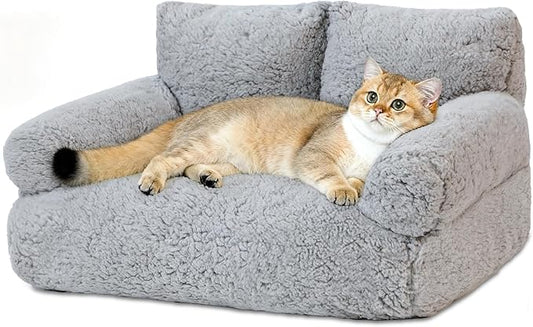 Cat Couch Bed - Cat Bed for Indoor Cats, Calming Pet Sofa Puppy Sleeping Bed with Removable Washable Cover, Cute Dog Couch and Kitty Lounge Chair for 18lbs Cats & Small Dogs(Light Gray)