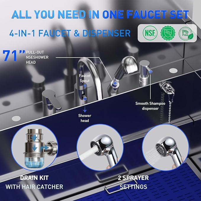 Dog Washing Station – 50 inch Professional 304 Stainless Steel Grooming Tub w/Ramp, Drawer, Faucet & Floor Grate, Dog Bathing Station for Large, Medium & Small Pets, 19" Leak-Proof Deep Soak