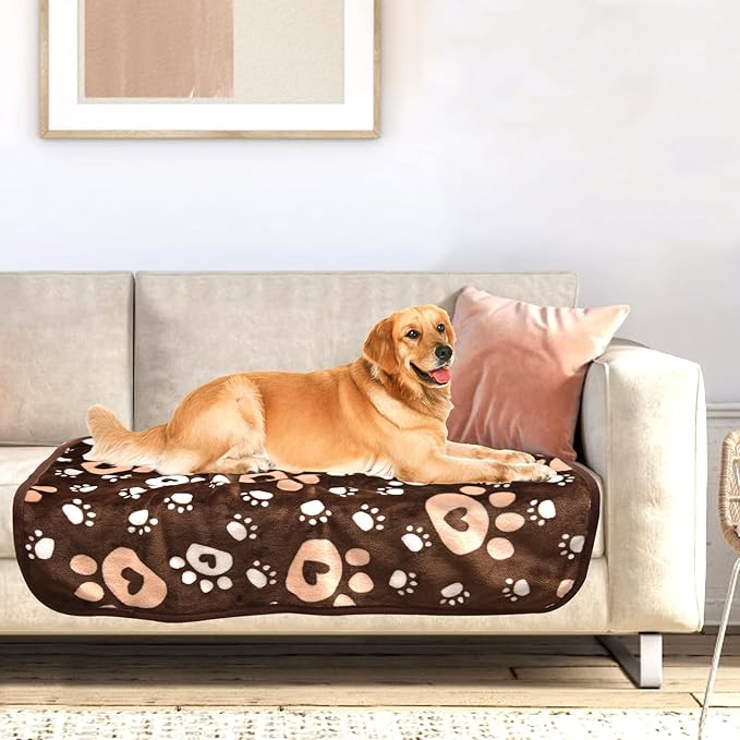 Brown Fleece Extra Large Dog Blanket, 80'X60', Soft Flannel Pet Cat Puppy Blanket Mat Cover for Bed Couch, Cute Paw Print Throw Blanket for Dogs