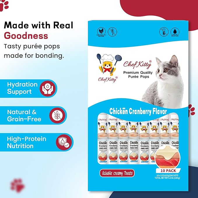 Chef Kitty Purée Pops, Cat Treats, Grain-Free, Lickable, Squeezable Creamy Cat Treat/Topper with Vitamin E & Taurine, 0.5 Ounces Each Tube, 10 Tubes, Chicken with Cranberry Recipe