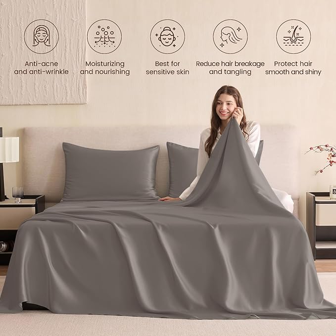 THXSILK Silk Sheet Set 4Pcs, 6A+ Top Grade 100% Pure Mulberry Silk Bed Sheets Ultra Soft Durable Luxury Bedding Sets, 1 Fitted Sheet, 1 Flat Sheet and 2 Pillowcases (Twin-XL, Charcoal)