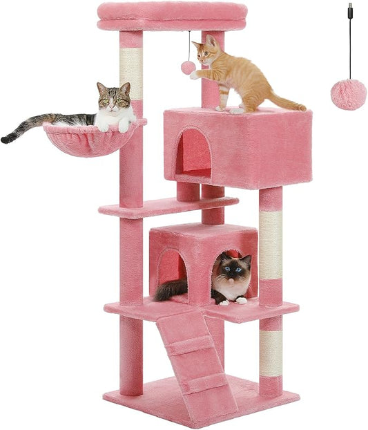 Pink Cat Tree for Indoor Cats, 2 Cozy Condos with Spacious Top Perch, 56.3-Inch Multi-Level Cat Tower with Scratching Posts, 2 Caves, Plush Hammock and Climbing Ramp
