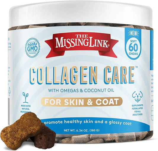 The Missing Link Collagen Care Skin & Coat Soft Chews 60ct - Daily Hair Growth, Healthy Skin & Strong Nails Support for Dogs