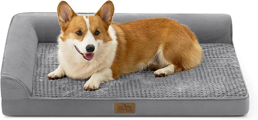 Orthopedic Dog Bed for Large Medium Size Dog, Pet Sofa, Foam Bolster Couch with Waterproof Lining Cover, Anti-Slip, Washable, L-Shaped, L 36x27x6.5 inch, Grey