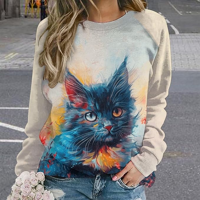 Womens novelty funny cat printed crewneck sweatshirt casual loose long sleeve graphic pullover sweatshirts tops