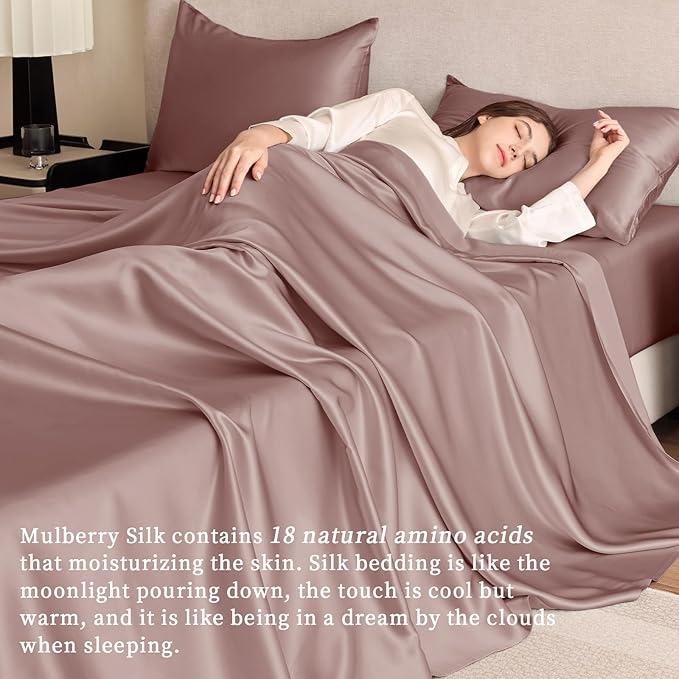 THXSILK Silk Sheet Set 4Pcs, 6A+ Top Grade 100% Pure Mulberry Silk Bed Sheets Ultra Soft Durable Luxury Bedding Sets Cooling, 1 Fitted Sheet, 1 Flat Sheet and 2 Pillowcases (Twin-XL, Purple)