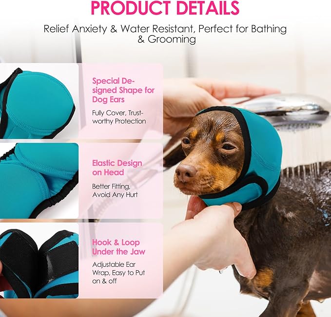 KOESON Dog Calming Hoodie - No Shake Ear Wraps for Dogs, Anxiety Relief & Noise Protection, Water Resistant Pet Ear Cover Muffs for Firework, Grooming, Thunderstorms, Swimming, Bathing, Turquoise M