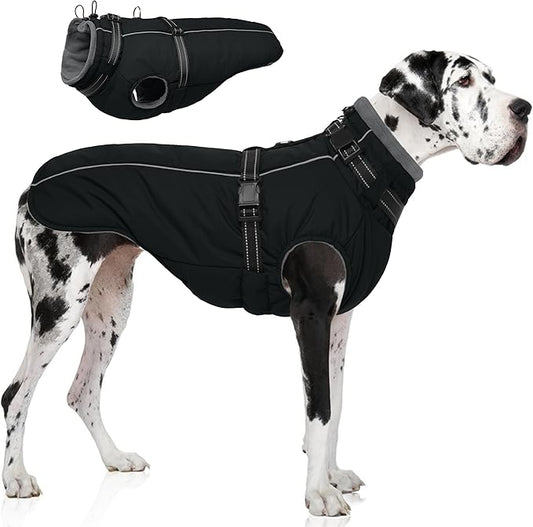 PUMYPOREITY Snow Jacket for Large Dogs Waterproof, Warm Dog Winter Coat with Harness Built in, Fleece Jacket with Back Zipper, Cold Weather Coats for Outdoor, Windproof Pet Snowsuit, Black, 3XL