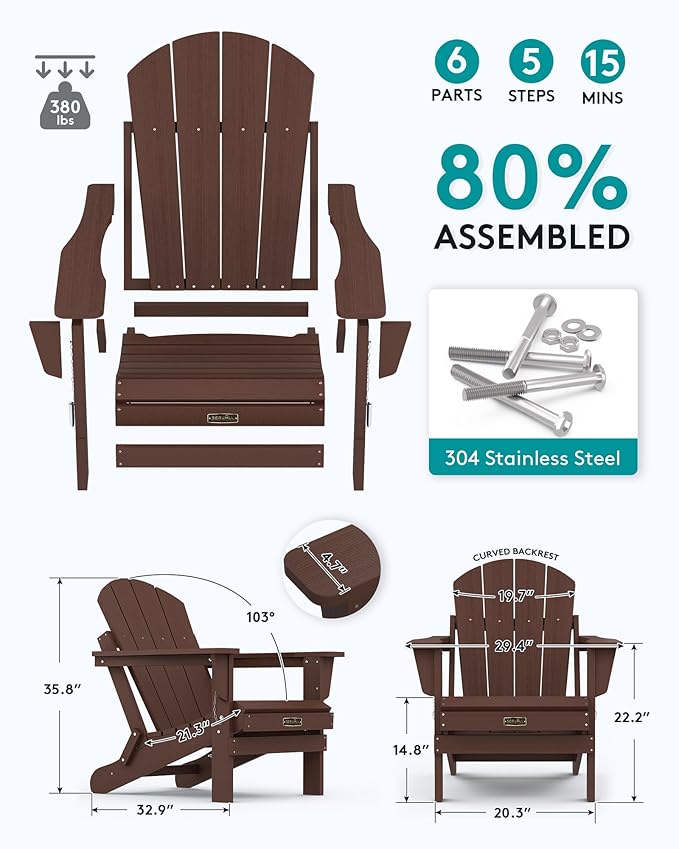 SERWALL Adirondack Chair Set of 6 for Patio Garden (Folding Coffee)
