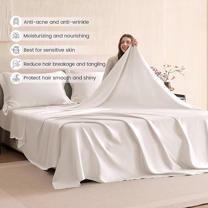 THXSILK Silk Sheet Set 4Pcs, 6A+ Top Grade 100% Natural Mulberry Silk Bed Sheets, Breathable Bedding Sets Ultra Soft Durable, 1 Fitted Sheet, 1 Flat Sheet and 2 Pillow Shams (Full, Pearl White)