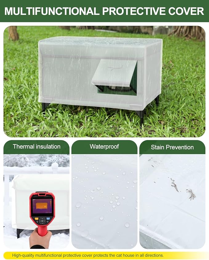 Heated Cat House for Outside,Dual Camera Mounts,100% Weatherproof & Extremely Insulated,Elevated Feral Cat Shelter with Escape Door,Waterproof Eaves for Outdoor Stray Barn Cat(Army Green,S)