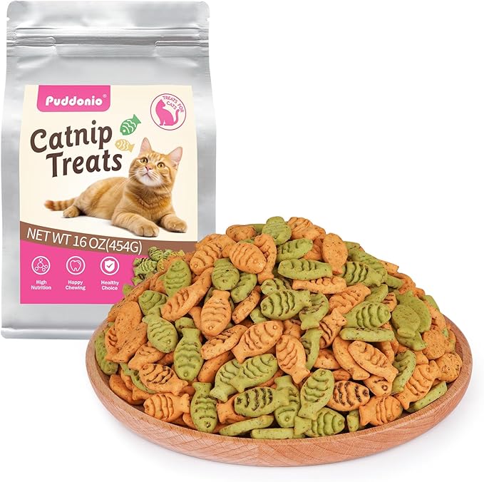 Puddonio Catnip Cat Treats, Chicken and Salmon Flavor Cat Snacks, Training Biscuits Treats for Cats, Crunchy Fish Shape Adult Cat Biscuits, 16 oz