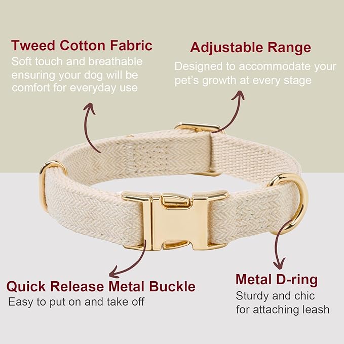 Soft Hemp Dog Collar and Leash Set Adjustable Woven Tweed Dog Collars with Metal Buckle and Lead for Small Medium Large Dogs,Beige
