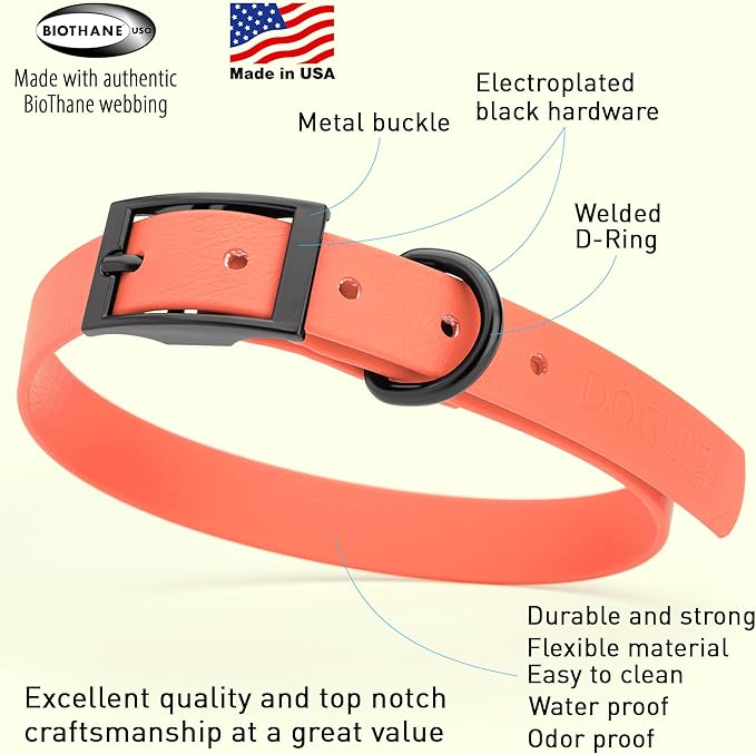 Dogline Biothane Coated Webbing Dog Collar with Black Metal Hardware: Durable Easy-Clean Everyday Collar for Dogs - Comfortable Adjustable Odor-Resistant Pet Collar, W3/4" x L15-18, Coral