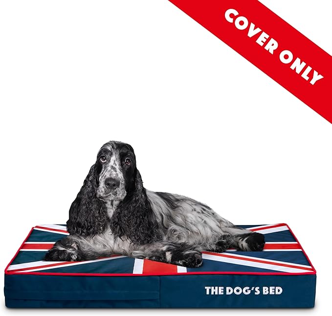 The Dog's Bed Replacement Outer Cover ONLY (NO Bed, NO Waterproof Inner) for The Dog's Bed, Washable Oxford Fabric, Medium 4 Inches (Blue with Red Piping UK Flag & Centre Flag)