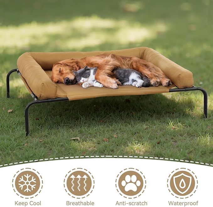 Athena Collection Outdoor Elevated Dog Bed with Removable Bolsters, 55 Inches Raised Dog Cot Washable with Metal Frame Non-Slip Feet for Large Size Dog, Brown