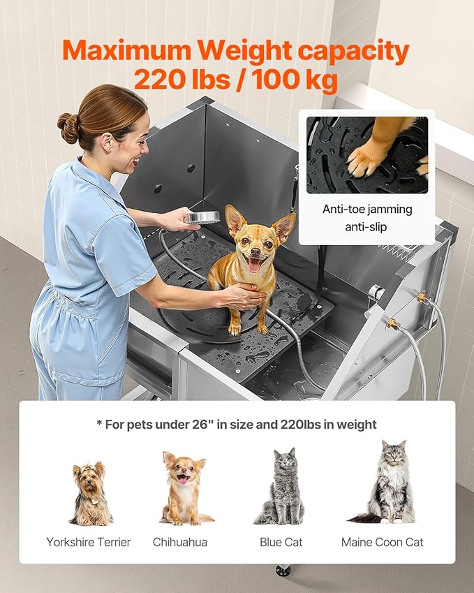 VEVOR 38 Inch Stainless Steel Dog Washing Station, Pet Grooming Tub with Hot & Cold Faucet, Showerhead, Home Wash Sink, Fits Small and Medium Cats and Dogs, Non-Slip Stairs (Left Door)