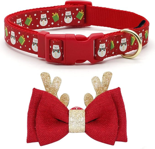 azuza Christmas Dog Collar, Adjustable Holiday Pet Collar with Antler Bowtie and Snowman Accessories for Small Dogs