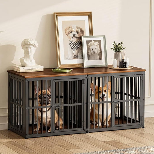 Lyromix 54'' Dog Crate Furniture with Double Rooms,Wooden Crate End Table Heavy Duty Indoor Puppy Cage for 2 Small Dogs, Multiple Units Can be Combined, Walnut