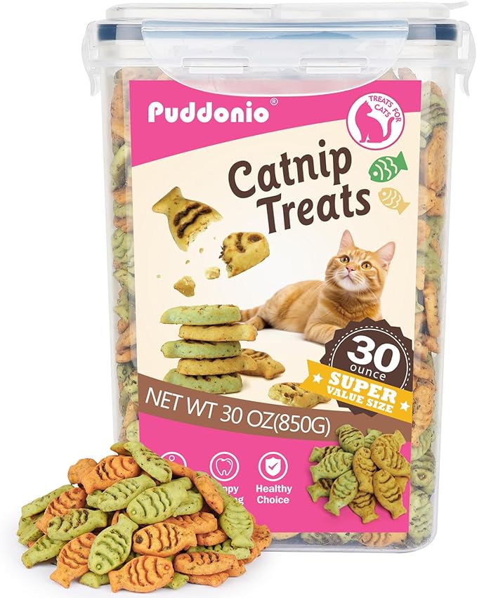 Puddonio Catnip Cat Treats, Chicken and Salmon Flavor Snacks, Training Crunchy Fish Shape Adult Cat Biscuits, 30 oz