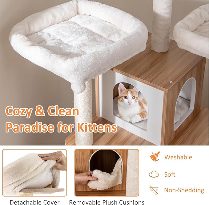 PETSITE 68-inch Modern Tall Cat Tree for Indoor Cats, Multi-Level Wooden Cat Tree Tower with Sisal Scratching Posts, 3 Top Perches, Cat Condo, Comfy Hammock, Sisal Ramp, and Jingling Balls